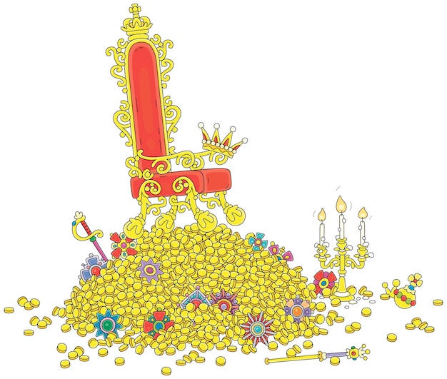 Vecteur trône royal sur une grande pile de pièces d'or et de bijoux d'un trésor d'un royaume de fées