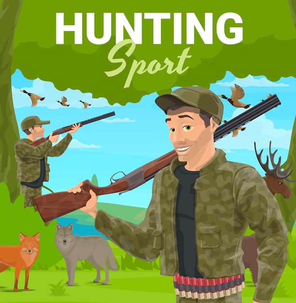 Trophée animal chasse sport tenant double fusil