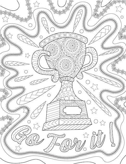 Vecteur trophée de compétition avec des motifs de bordure feuillue récompense de championnat de dessin au trait incolore avec