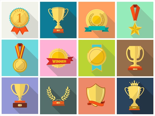 Trophées et récompenses sportifs en illustration vectorielle de style design plat