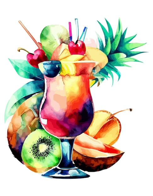 Vecteur tropical cocktail with fruits watercolor clipart