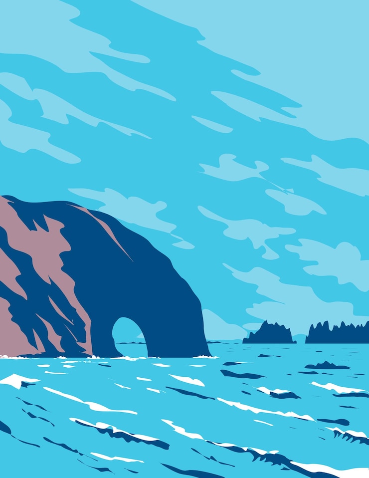 Vecteur trou dans le mur dans le parc national olympique de rialto beach washington state wpa poster art
