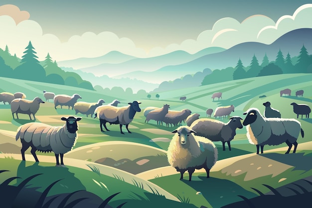 Vecteur un troupeau de moutons paissant dans un pâturage couvert de brouillard leurs manteaux de laine se mélangent parfaitement avec la brume