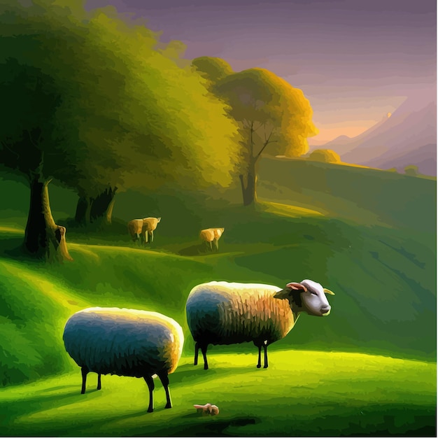 Vecteur troupeau de moutons souriants et heureux paissant dans un paysage d'été de prairie avec dessin animé vectoriel de collines vertes