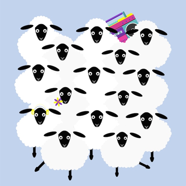 Vecteur des troupeaux de moutons écoutent et dansent sur de la musique. illustration vectorielle plane.