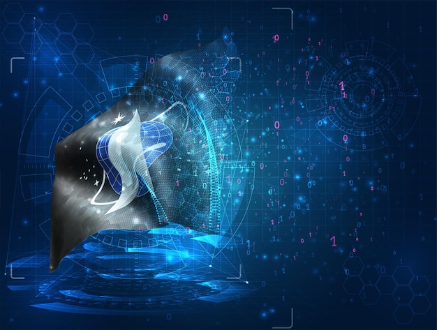 Troupes spatiales sur le drapeau 3d vectoriel sur fond bleu avec interfaces hud