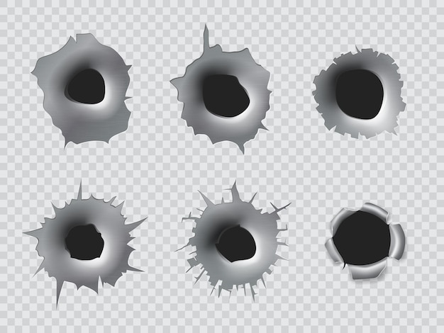 Vecteur trous de balle réalistes provenant de balles de tir d'armes à feu, fissures de cible sur métal vecteur isolé trous de balle de fusil ou de fusil arrachés des trous de dégâts de tireur d'arme à feu militaire sur fond transparent de mur