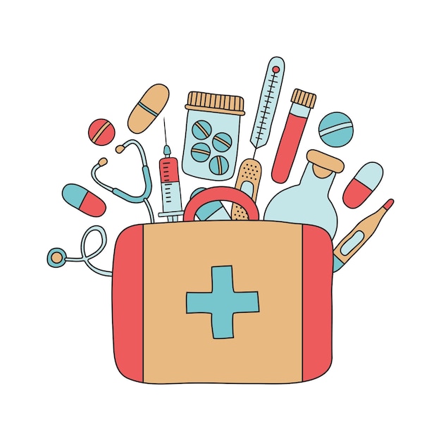 Trousse De Premiers Soins Avec Médicaments, Icône Vectorielle De Boîte Médicale, Valise D'urgence Dessinée à La Main, Outils De Médecin. Illustration De La Santé