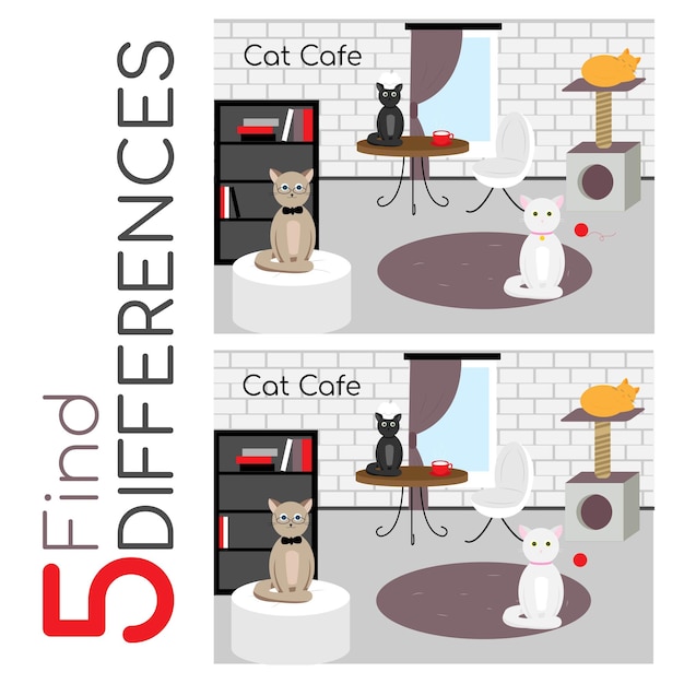 Vecteur trouver 5 différences cat cafe