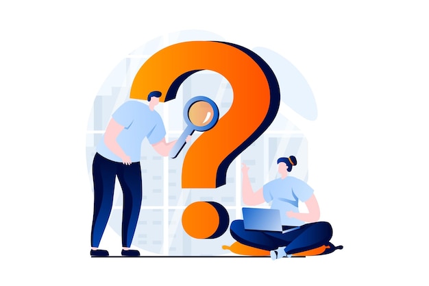 Trouver le concept de solution avec la scène des personnes dans la conception de dessin animé plat L'homme et la femme discutent du problème et recherchent ensemble une réponse à la recherche de questions.