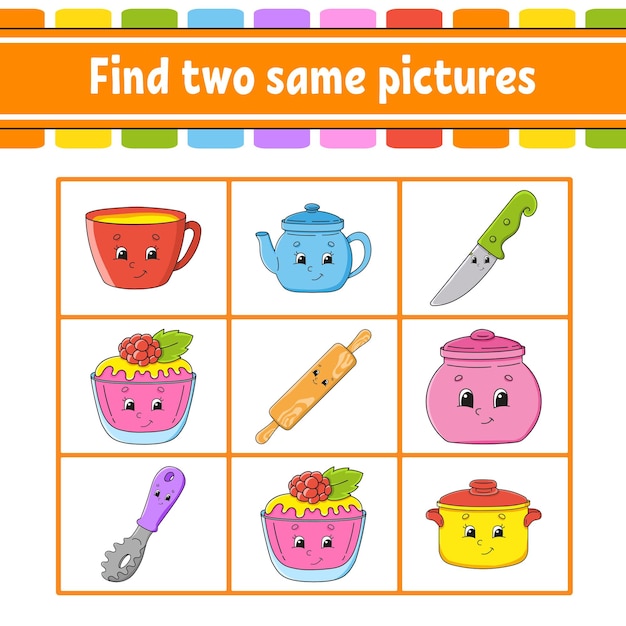Trouver deux images identiques Tâche pour enfants Éducation développant feuille d'activités Page d'activité Jeu de couleur pour enfants Personnage de dessin animé Illustration vectorielle