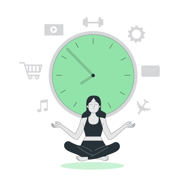 Trouver l'équilibre Une femme méditant avec une horloge symbolisant la gestion du temps et le bien-être