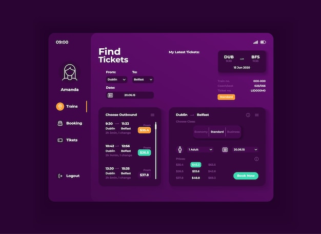 Trouver un modèle vectoriel d'interface de tablette d'application de billets. Disposition de la conception du mode nuit de la page de l'application mobile. Compte utilisateur avec écran de liste de trajets. Interface utilisateur plate pour l'application. Affichage de l'appareil portable