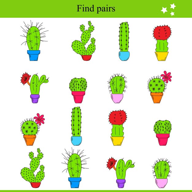 Vecteur trouver des paires de cactus en pots jeu éducatif pour enfants