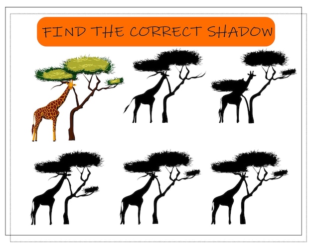 Vecteur trouvez la bonne girafe d'ombre dans la savane près d'un arbre