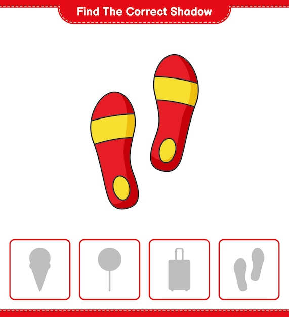 Trouvez la bonne ombre. Trouvez et faites correspondre l'ombre correcte de Flip Flop. Jeu éducatif pour enfants, feuille de calcul imprimable, illustration vectorielle