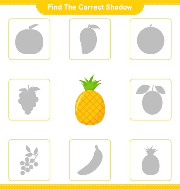 Trouvez La Bonne Ombre. Trouvez Et Faites Correspondre L'ombre Correcte De Pineapple. Jeu éducatif Pour Enfants, Feuille De Travail Imprimable