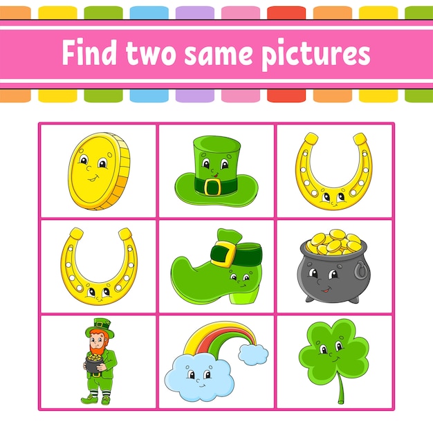 Trouvez deux mêmes images. Tâche pour les enfants. Le jour de la Saint-Patrick.