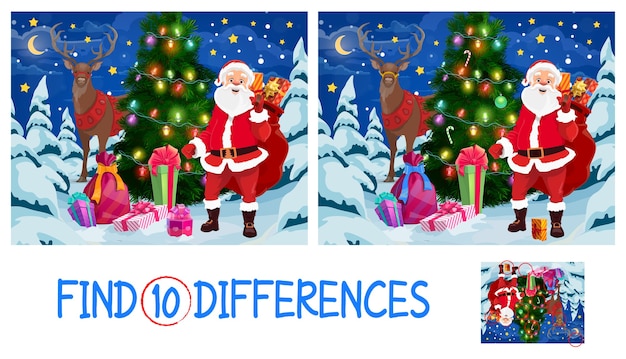 Trouvez dix jeux d'enfants de différences avec l'arbre de Noël, le Père Noël et le renne. Père Noël avec sac-cadeau, décoré d'épinette de guirlande et dessin animé de cadeaux. Jeu éducatif pour enfants avec tâche correspondante