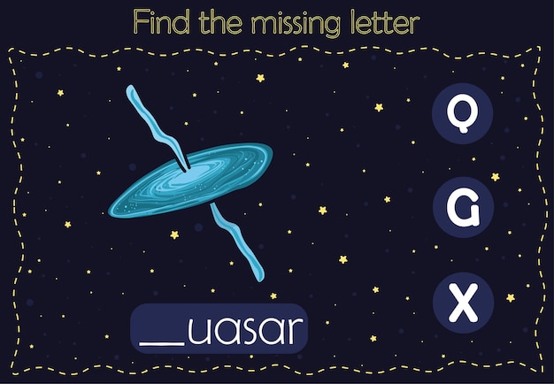 Vecteur trouvez la lettre manquante de l'alphabet de l'univers matériel éducatif