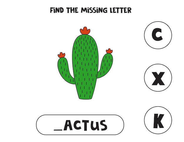 Trouvez la lettre manquante avec la feuille de travail d'orthographe de cactus doodle