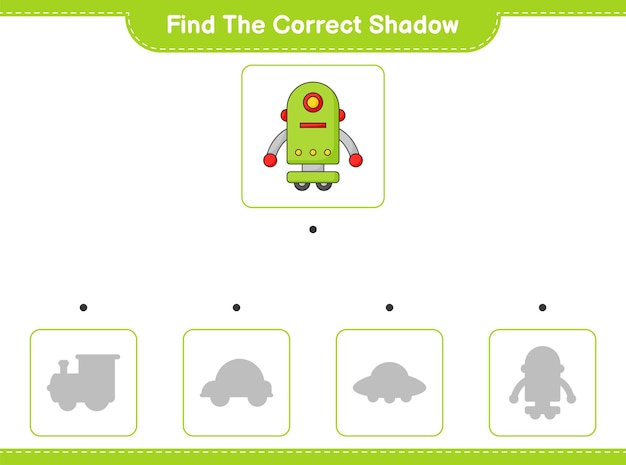 Trouvez l'ombre correcte Trouvez et faites correspondre l'ombre correcte de l'illustration vectorielle de feuille de travail imprimable de jeu éducatif pour enfants de personnage de robot
