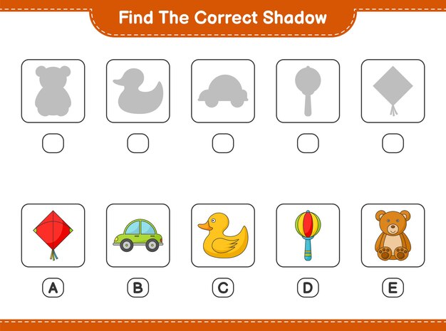 Trouvez l'ombre correcte Trouvez et faites correspondre l'ombre correcte de Kite Car Baby Rattle Rubber Duck and Teddy Bear Jeu éducatif pour enfants feuille de calcul imprimable illustration vectorielle
