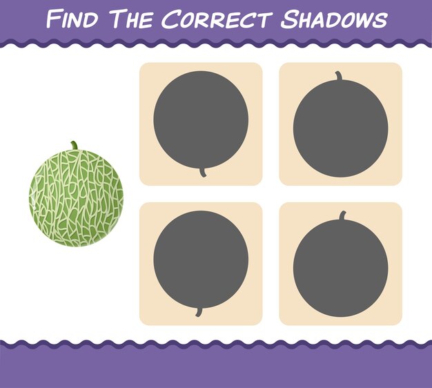 Trouvez les ombres correctes des melons de dessins animés. Jeu de recherche et d'association. Jeu éducatif pour les enfants et les tout-petits de la pré-école