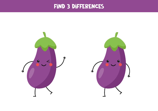 Trouvez Trois Différences Entre Deux Images D'aubergines Kawaii Mignonnes