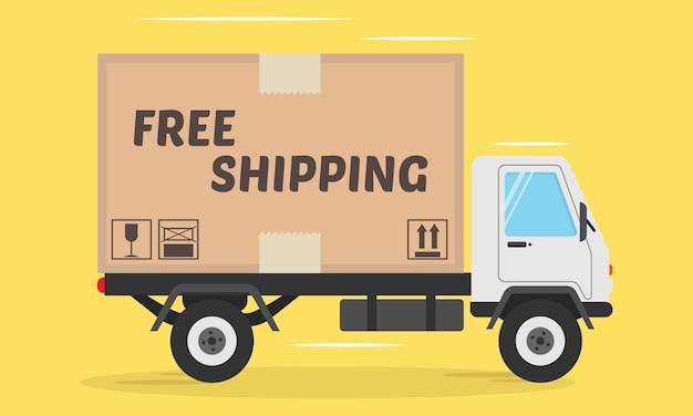 Truck de livraison avec un paquet de carton Concept d'expédition gratuite Illustration vectorielle de style plat