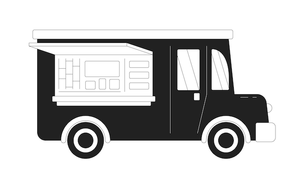 Truck de nourriture violet plat monochrome objet vectoriel plat voiture pour cuisiner et vendre de la nourriture de rue icône de ligne mince en noir et blanc modifiable Illustration de spot de clip-art de dessin animé simple pour la conception graphique Web