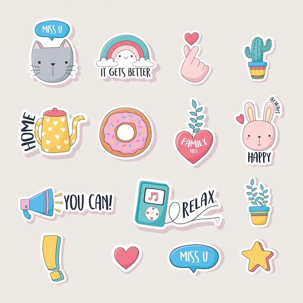 Trucs mignons pour cartes autocollants ou patchs décoration icônes de dessin animé ensemble
