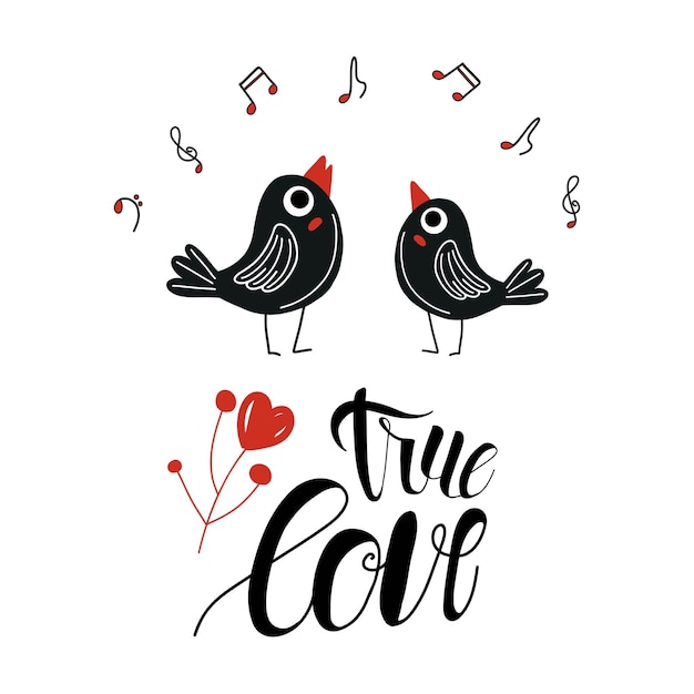 True Love Concept Funny Cartoon Couple Personnage D'oiseaux Avec Lettrage True Love