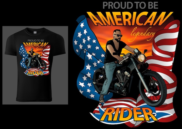 Tshirt Design American Rider Avec Moto Et Drapeau Américain