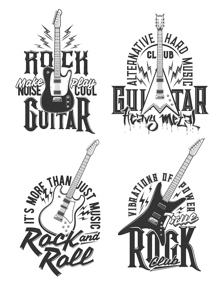 Vecteur tshirt imprime avec des emblèmes de vecteur de guitares électriques
