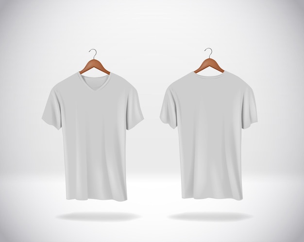 TShirts gris vêtements maquette avec col en V suspendus isolés sur un mur vierge vue latérale avant et arrière