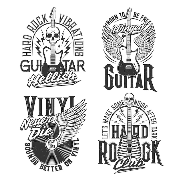 Tshirts Imprimés Avec Des Guitares électriques, Des Crânes, Du Vinyle