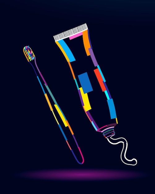 Vecteur tube abstrait de dentifrice et de brosse à dents à partir de peintures multicolores dessin coloré