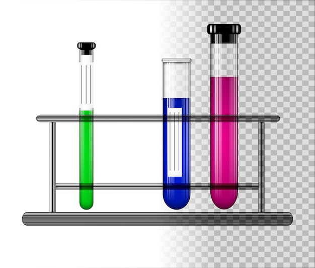 Tubes à essai avec du liquide sur un support en verre.