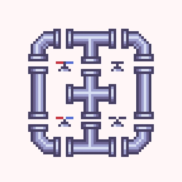 Vecteur tubes et tuyaux plomberie pixel art ensemble. conduites de gaz ou d'eau vapeur compteurs de pression robinets