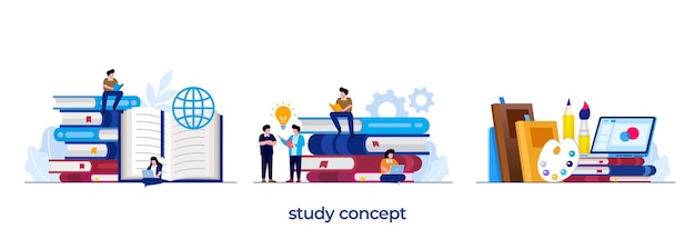 Étudier le concept d'éducation de retour à l'école lire un livre apprendre des connaissances étudier le vecteur d'illustration plat de bibliothèque