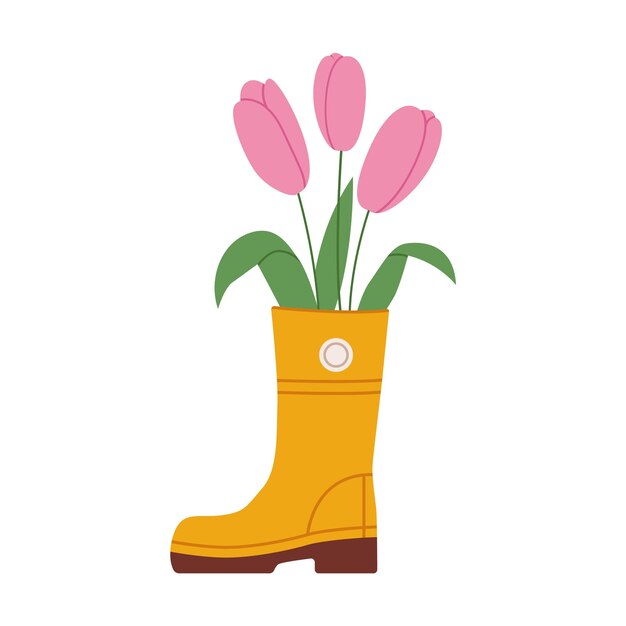 Vecteur des tulipes dans des bottes en caoutchouc