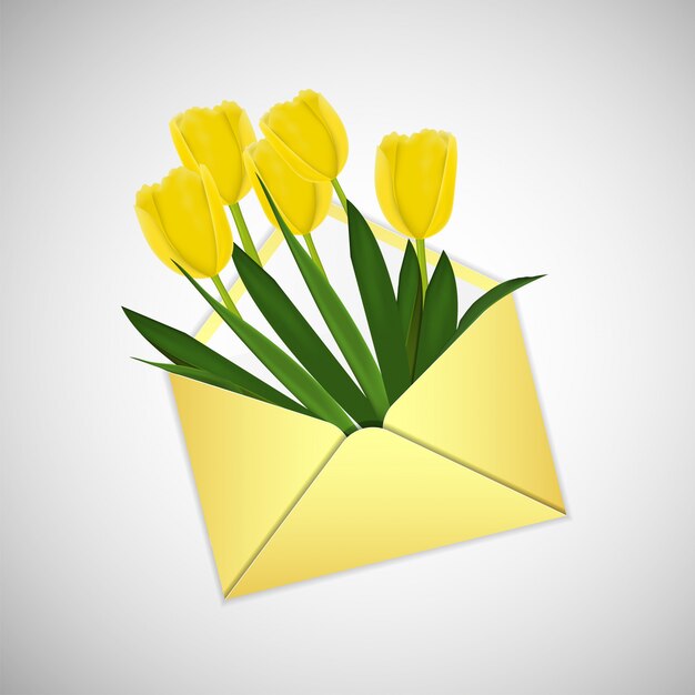 Tulipes Jaunes Dans Une Enveloppe Dorée. 8 Mars Et Concept De La Fête Des Mères.