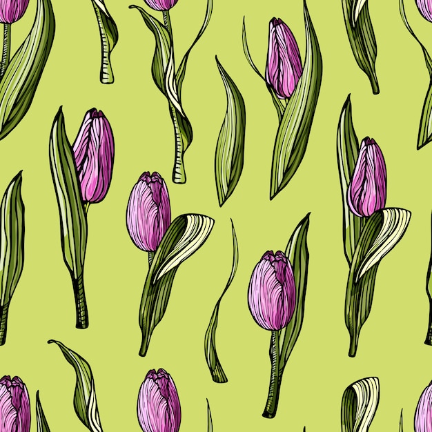 Tulipes lilas de modèle sans couture dessinées à la main