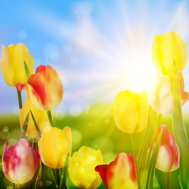Tulipes violettes et jaunes contre le ciel.