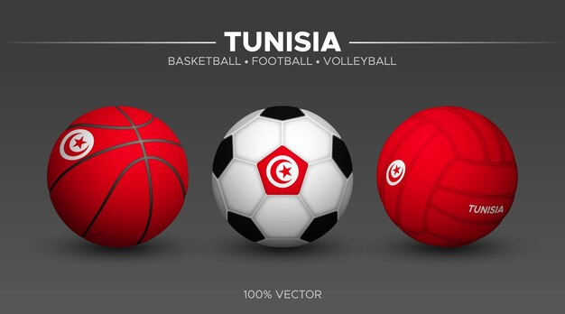 Vecteur tunisie drapeau basket-ball football volley-ball balles maquette 3d vecteur sport illustration isolé