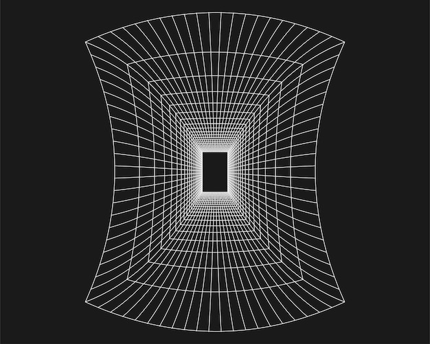 Tunnel rectangulaire de perspective punk rétro grille cybernétique Géométrie du tunnel de grille sur fond noir Illustration vectorielle