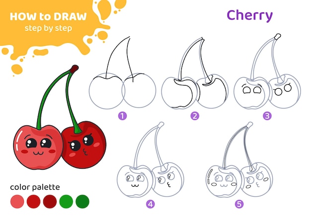 Tutoriel de dessin pour les enfants Feuille de travail éducative Comment dessiner une cerise Étape par étape Tâche graphique