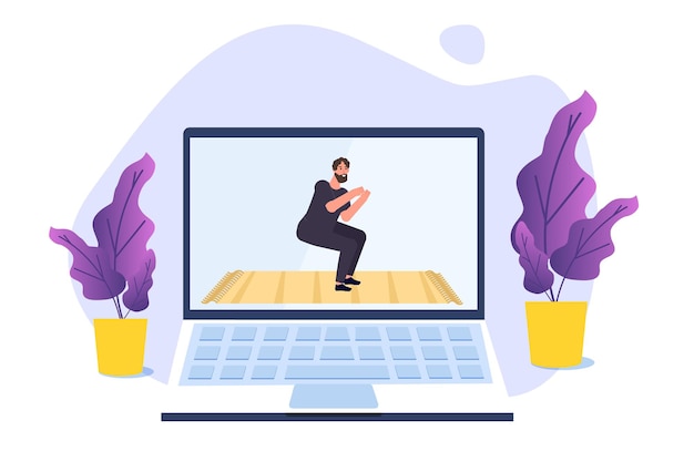 Tutoriel sportif en ligne, studios de yoga en streaming consept. Travailler à la maison. Illustration vectorielle