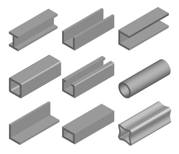 Tuyau en acier, profilé métallique et poutre. Industrie métallurgique, enseignes en fer ou en acier. Ensemble de matériaux de construction. illustration isolée sur fond blanc.